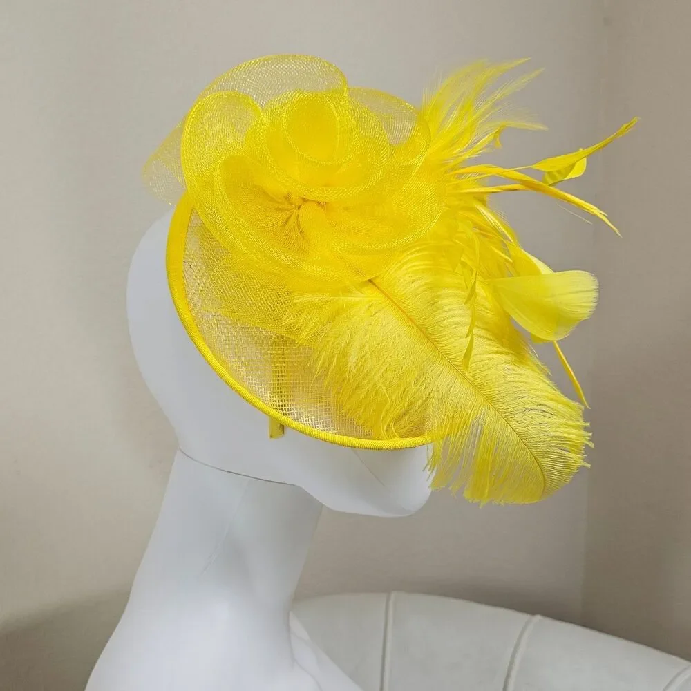 Yellow Fascinator Headband Hair Clip Feathers & Flower Kentucky Derby Tea Party